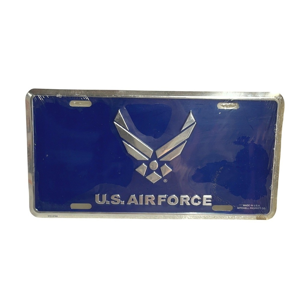 US Air Force Metal License Plate Mitchell Proffitt Co Made in USA Blue